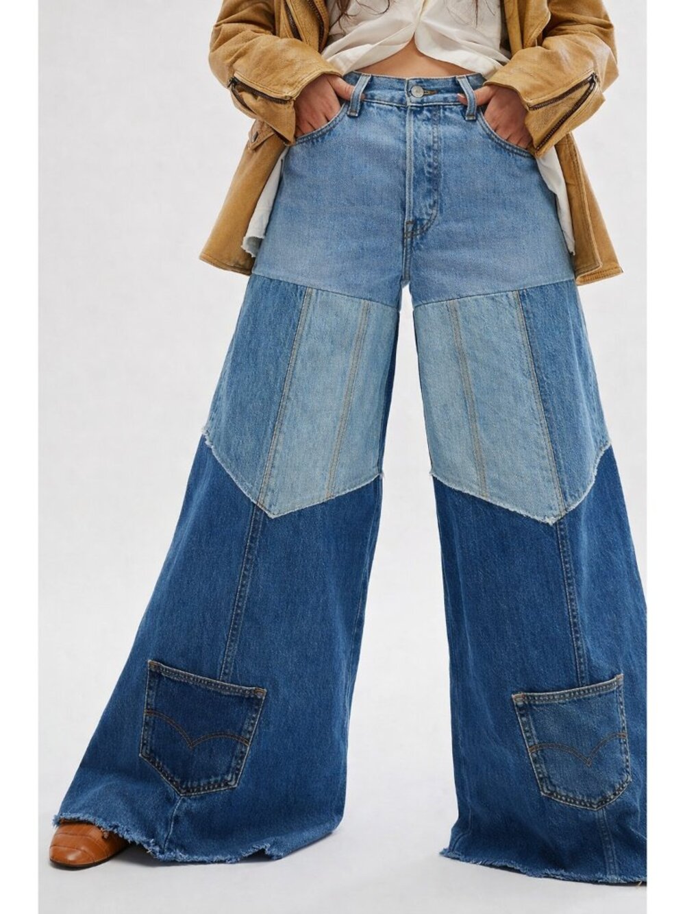 NWT Free People FP x Tricia Fix Reworked Patchwork Denim Bell Jeans XL